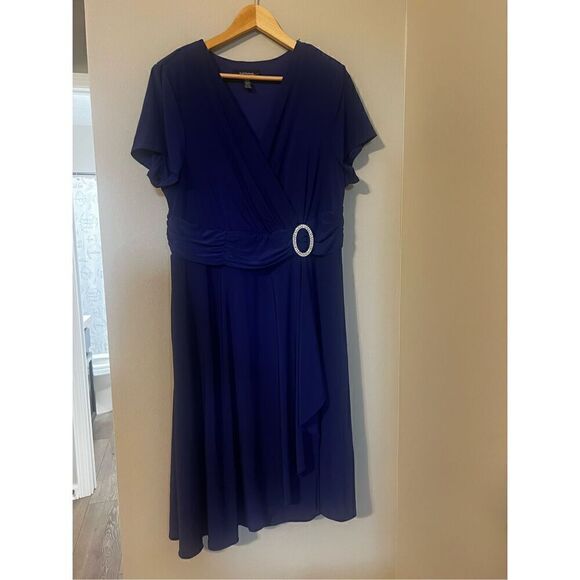R&M Richards Women’s Plus Size 18 Short Sleeve Faux Wrap Cascade Dress Blue - Picture 6 of 15